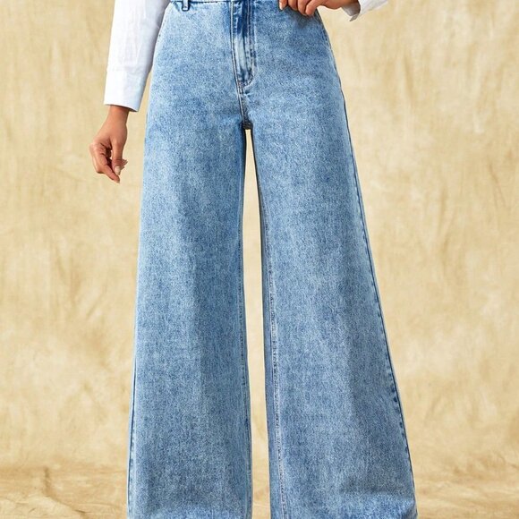 Light Wash Casual Womens Solid Wide Leg Jeans - Picture 3 of 5